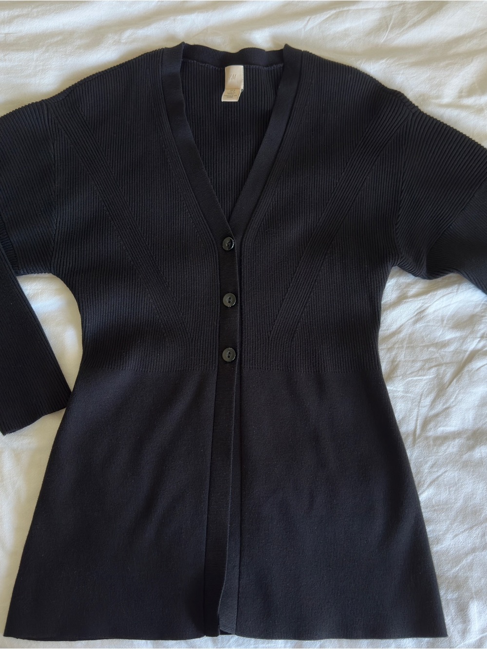 H&M - Black Structured Knit Black V-Neck 3-Button Fly Away Longline Cardigan Top